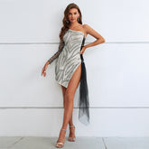 High-grade Black And White Hot Drilling Contrast Color Diagonal Collar Mini Dress